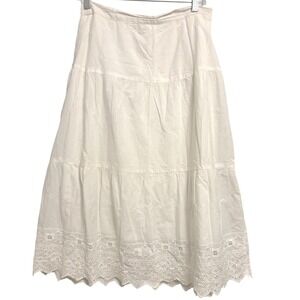Studio West White Eyelet Tiered Midi Skirt Scalloped Hem Small Boho Cotton
